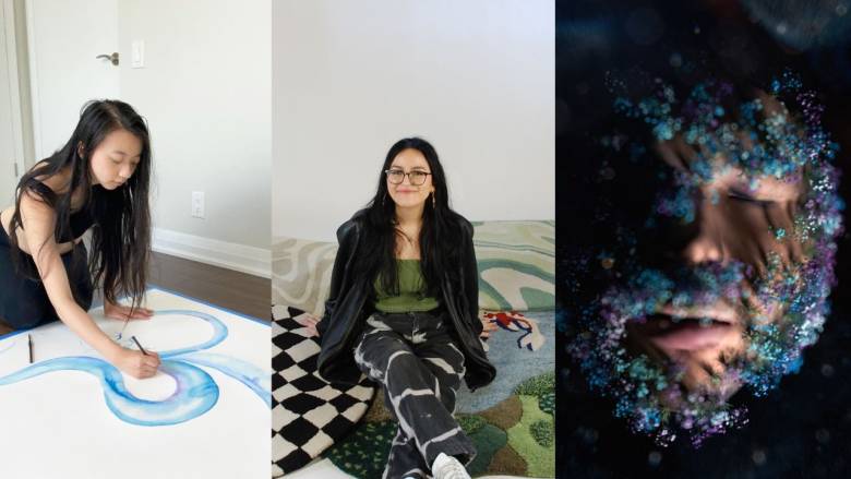 Composite image of Jenny Chen painting with blue watercolour, Trinity Leon with rugs she made and Will Selviz in a digital rendering.