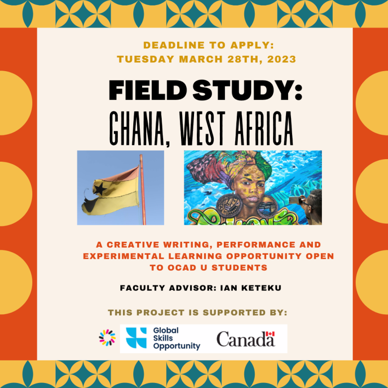Ghana West Africa banner with call for submission dates, colourful and patterned boarder with ghana flag and painted mural