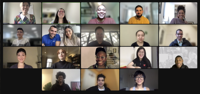 A screenshot of a zoom event featuring the 2023 Seed Fund Finalists, jury and staff of the CEAD