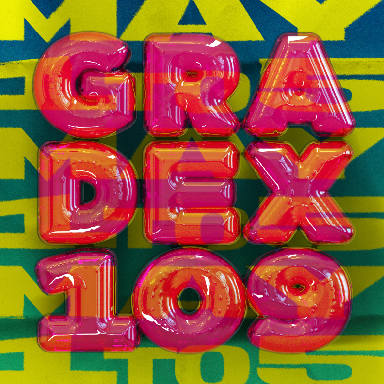 GradEx logo in Orange/Pink over yellow and blue background 