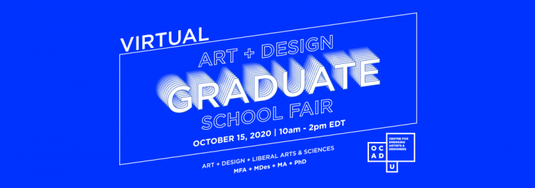 Virtual Art & Design Graduate School Fair info on bright blur background