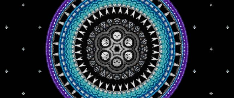 A digital collage of concentric circles on a black background. The innermost circle is white illustrated faces, followed by various white patterns. Patterns in shades of blue move outwards, the last ring is purple. Small geometric white flowers create a pattern on the background.