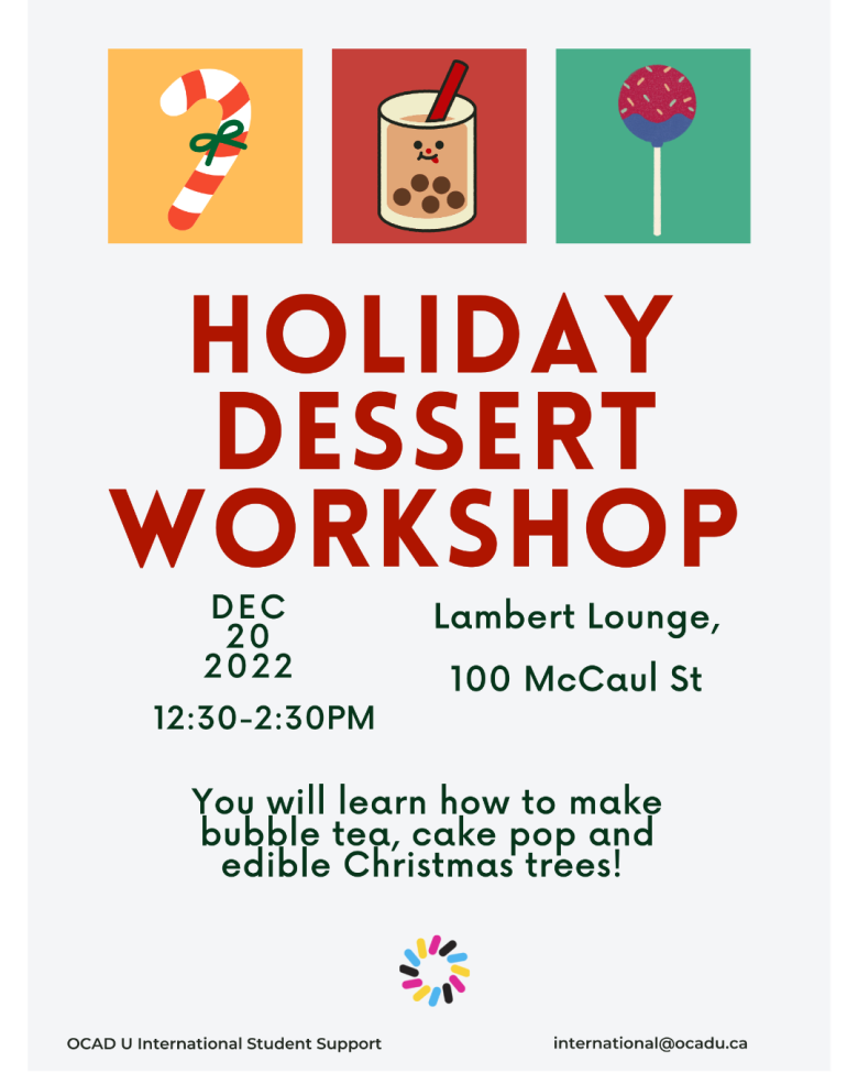 student-designed graphic features festive holiday graphics: candy cane, bubble tea and cake pops. Text as found above. 