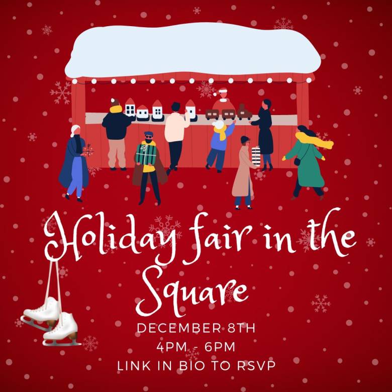 Image description: student-designed graphic features a red background with falling snowflakes. A diverse group of individuals can be seen shopping at a festive booth. Text as found above. 