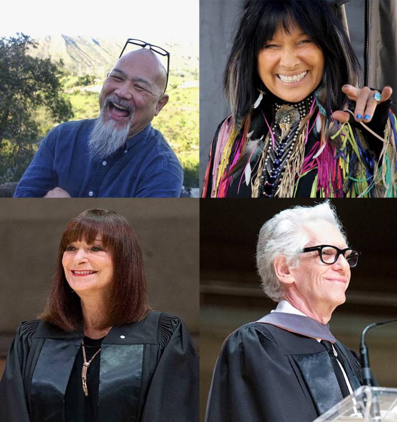 Past honorary doctorate recipients. Top, left to right: Michael Fukushima and Buffy Saint Marie. Bottom, left to right: Jeanne Beker and David Cronenberg.