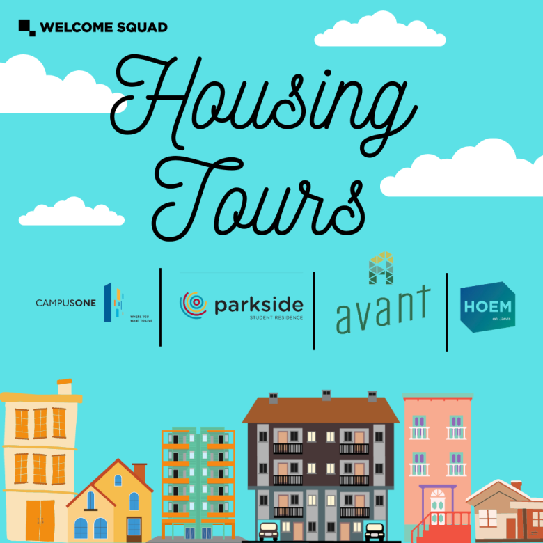 Image description: student-designed graphic features blue sky with fluffy white clouds and housing provider logos for CampusOne, Parkside, Avant Toronto and HOEM on Jarvis. An illustrated row of buildings is across the bottom. Text as found above.