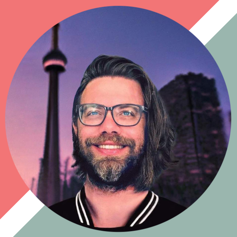 Image of Vladimir Kanic with the view of the CN Tower in the background. Framed by a pink and grey graphic with a white stripe.