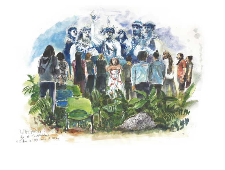 Illustration by Sergio Garzon depicts plants and shrubs, three chairs, a group of people with their backs turned, facing one individual who is speaking, and has five figures in blue tones behind them. 