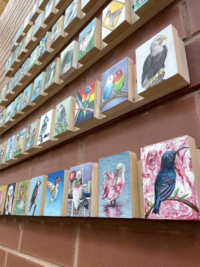 Rows of small colourful square paintings of birds set against a brick wall. 