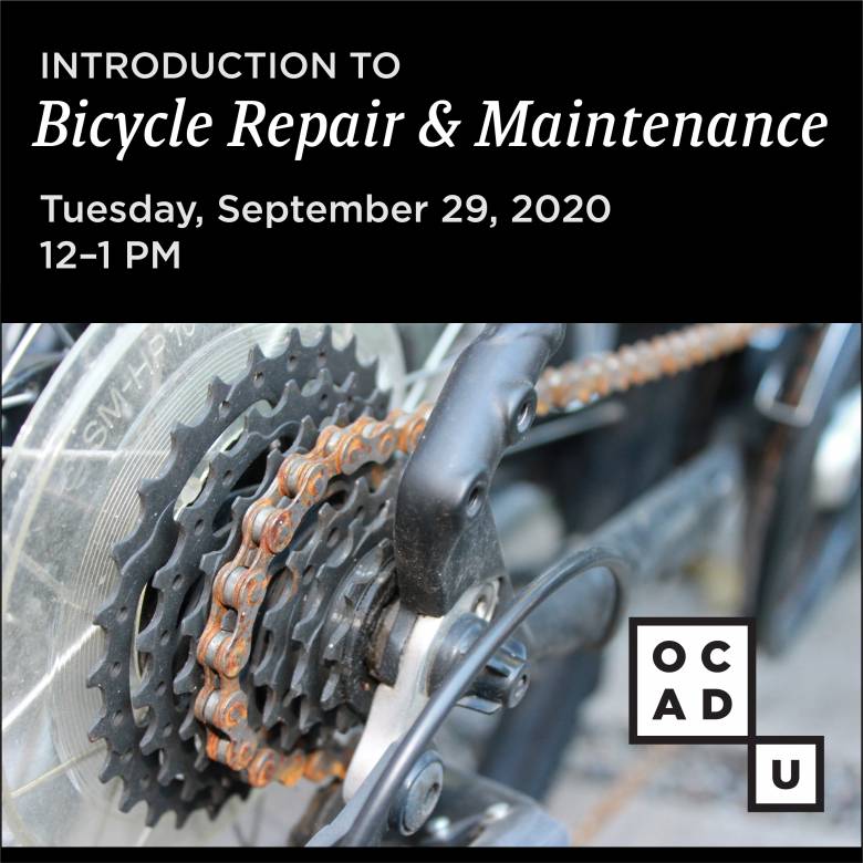 Image of close up of bicycle chain system with words "Introduction to Bicycle Repair & Maintenance, Tuesday, September 29, 2020, 12 to 1 pm"