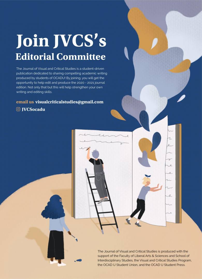 Journal of Visual & Critical Studies recruitment poster features colourful illustration of three cartoon humans painting and writing in an oversized journal. Text says "Join JVCS's Editorial Committee"