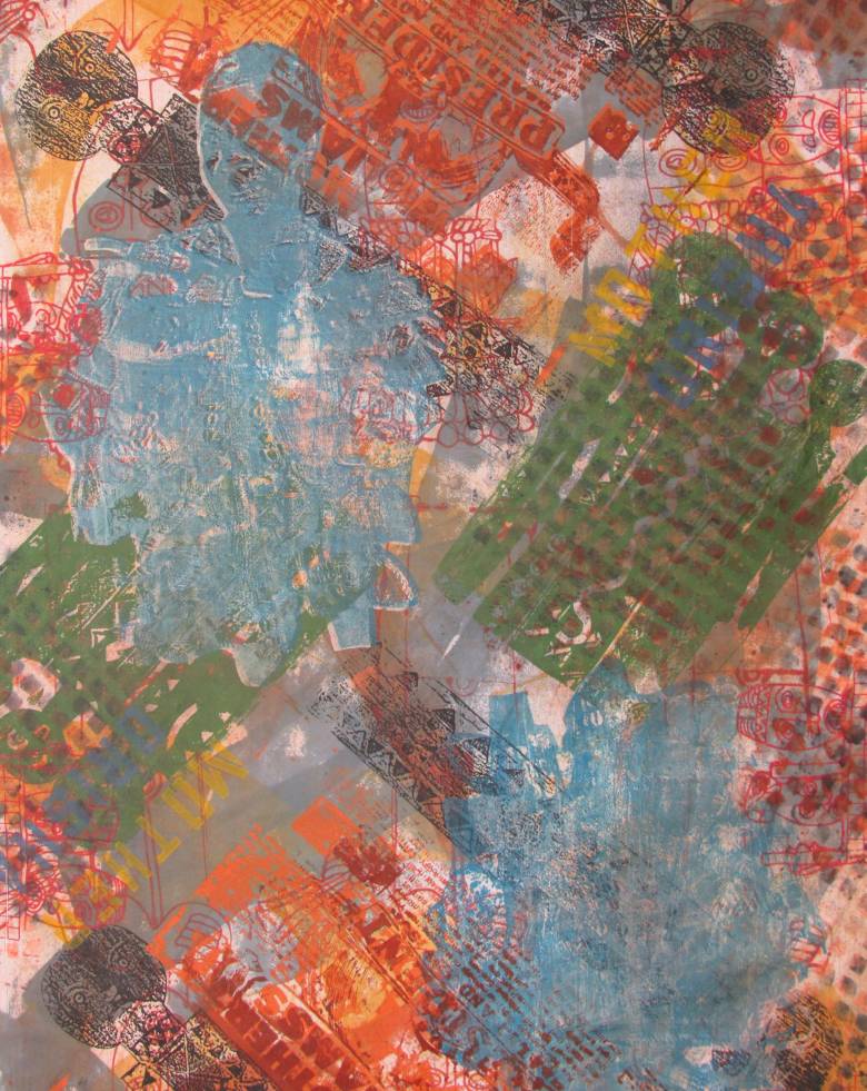 Abstract silkscreen image of blue, orange and green with feint grey faces appearing beneath the various colours.l