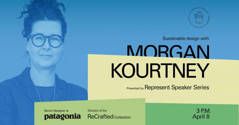 Image of woman with glasses and blue overlap. Text "Kourtney Morgan", Patagonia logos and Recrated logos in black.