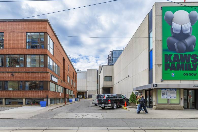 Photo shows the laneway between two buildings: OCAD University and the Art Gallery of Ontario