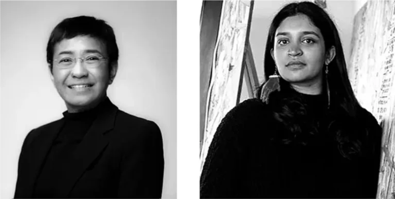 Black and white headshots of Maria Ressa and Rajni Perera