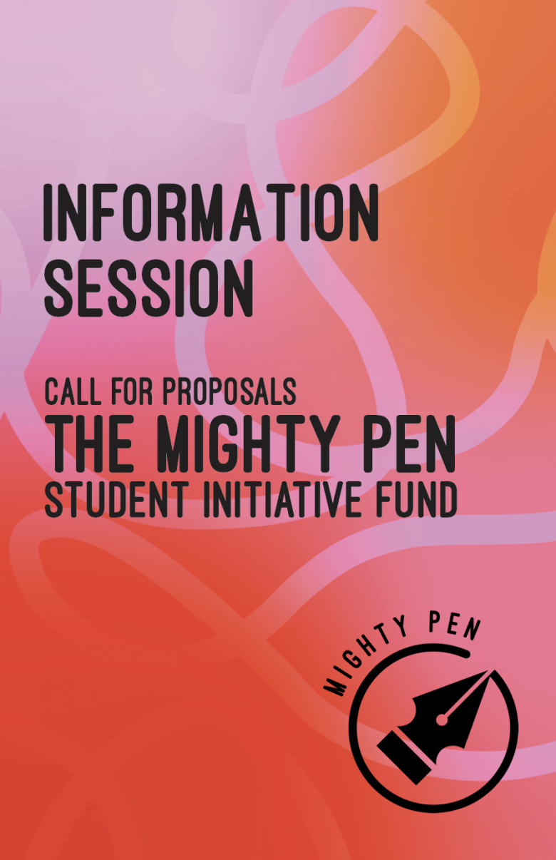 Promotional text on top of a pink, orange, and red background with Mighty Pen logo