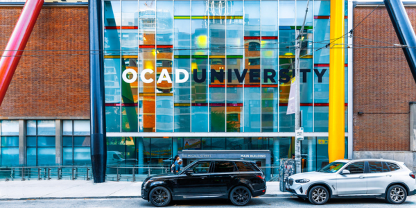 Exterior photograph of OCAD University's main entrance at 100 McCaul St, Toronto.