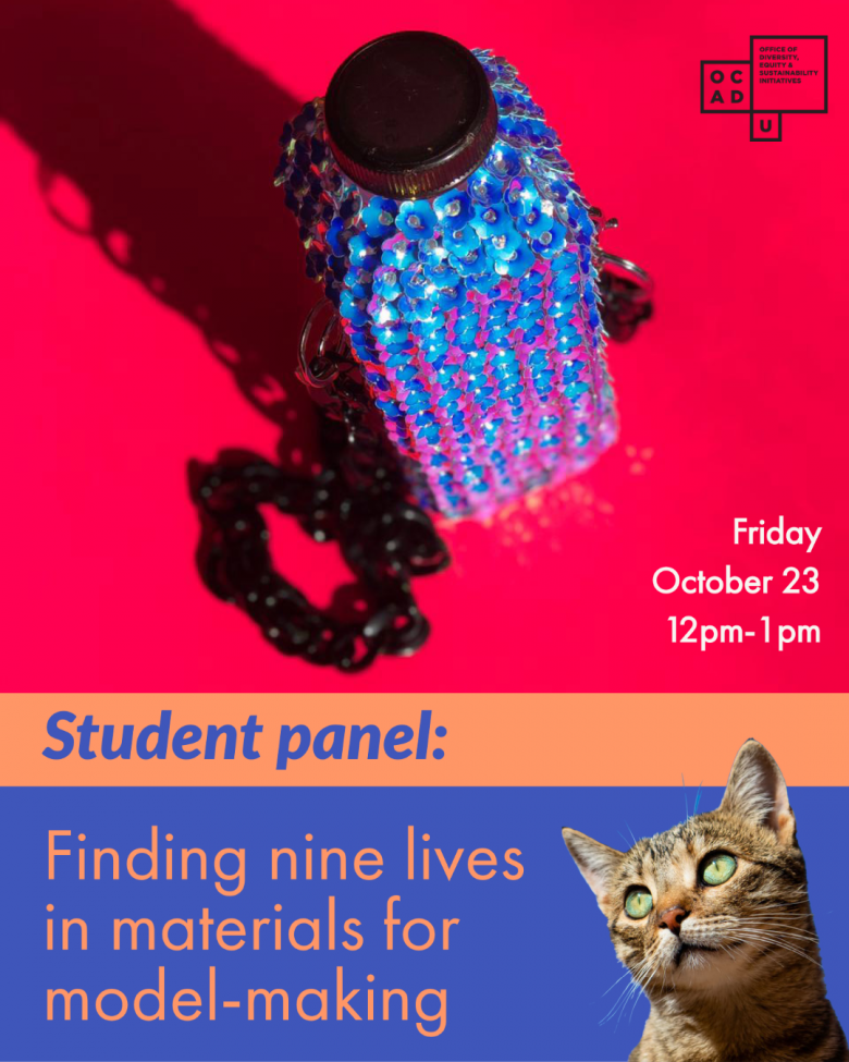 Image of Nour Abdulhussain's bottle purse against red background. Student Panel - Finding nine lives in materials for model-making. Image of a tabby cat looking upward at the bottle handbag.