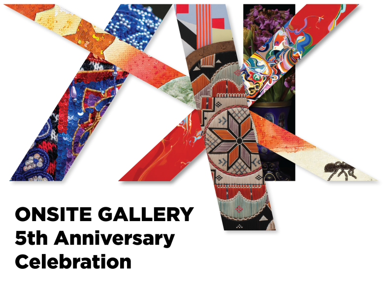 The photo features five banners of colourful images. At the left is a vertical banner of blue and red and white colours, then to the right is a vertical banner featuring beadwork from the Jordan Bennett Exhibition, Souvenir. There are two diagonal banners that cross like an X with an array of colours, orange, green, blue. In the background there is a vertical banner of brown and dark purple.