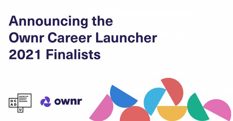Text "Ownr Career Launcher for Creative Entrepreneurs Pitch Competition" on left side in dark navy. Ownr and CEAD logo on bottom left. Colourful graphic of half circles in a pile on right bottom. Semicircles in green, yellow, pink, blue and red.