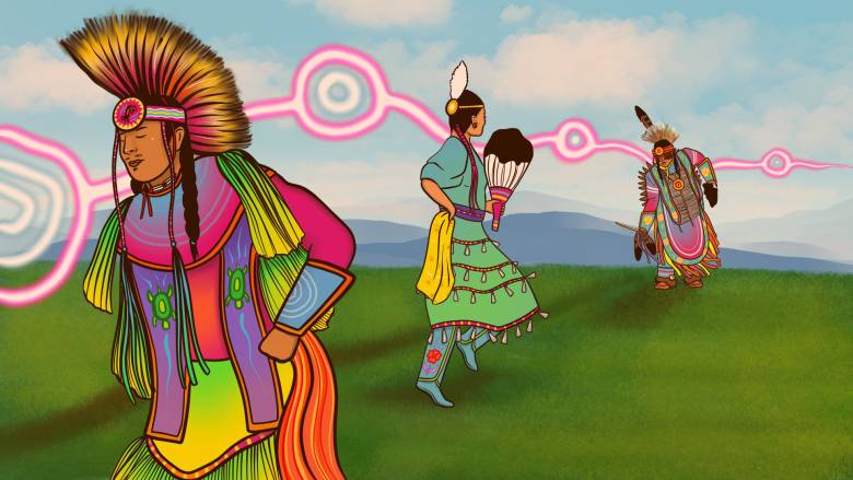 Three Indigenous dancers in colourful attire on green grass, set against blue sky, white clouds and pink design across the middle of the sky.