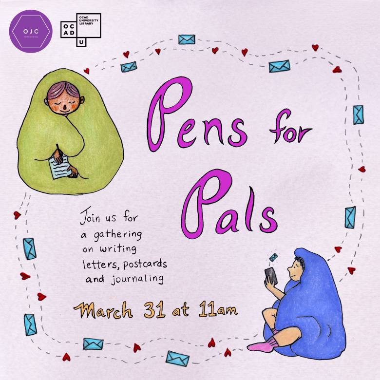 Two figures wrapped in blankets writing and reading letters. Text says Pens for Pals, Join us for a gathering on writing letters, postcards and journaling