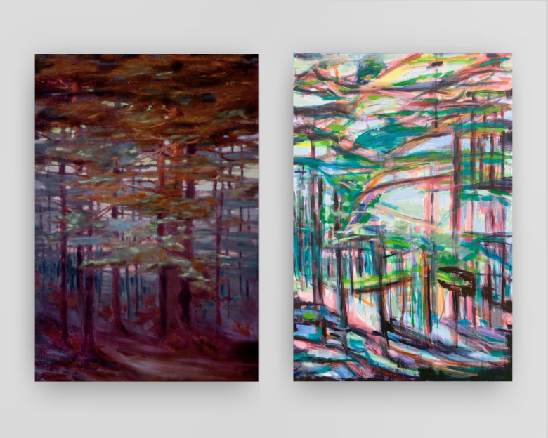 Two abstract paintings, both featuring abstract renderings of organic materials.