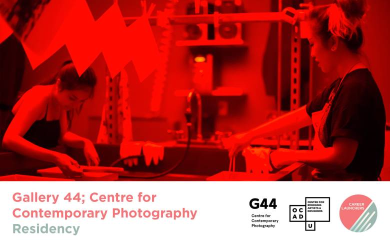Image of two artists working in a photography darkroom. Text:" Gallery 44; Centre for Contemporary Photography. Residency." Gallery 44, OCAD U CEAD and Career Launcher logo.