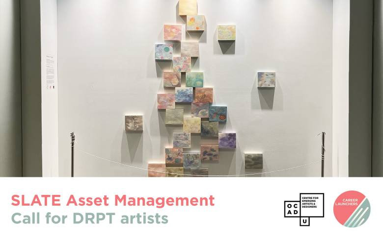A photograph of a wall with multiple framed square canvases, work by Lesley Chan . The pink text reads "Slate Asset Management". Blue text reads "Call for DRPT artists". CEAD Logo and Career Launcher logos on the right bottom corner.