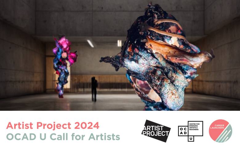 Image of work by Vladimir Kanic. White banner on bottom of image with pink and green text: "Artist Project 2024 OCAD U Call for Artists". Artist Project, OCAD U CEAD and Career Launcher logo on bottom right.