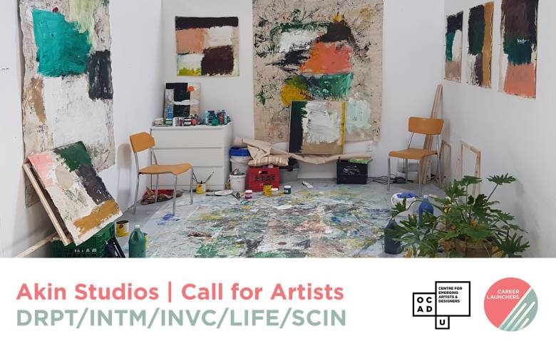 Image of an art studio with canvases lying around. White banner at bottom with pink and green text: "Akin Studios | Call for Artists DRPT/INTM/INVC/LIFE/SCIN". OCAD U CEAD and Career Launcher logo on bottom right.
