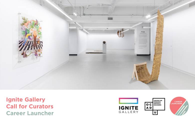 Image from Ignite Gallery. White banner on the bottom with pink and green text: "Ignite Gallery Call for Curators Career Launcher". Ignite Gallery, OCAD U CEAD and Career Launchers logo on bottom left.