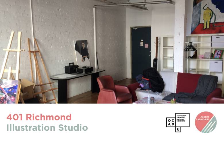 Image of the studio space at 401 Richmond with easels on the left and couches on the right. Text: "401 Richmond Illustration Studio". OCAD U CEAD and Career Launchers Logo.