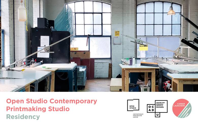 Image of Open Studio space with printmaking machine and tools. Text: "Open Studio Contemporary Printmaking Studio Residency". Open Studio, OCAD U CEAD and Career Launchers logo.