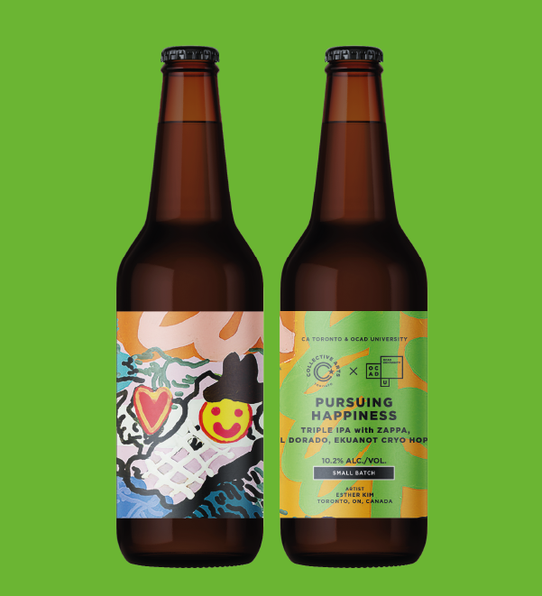 Two beer bottles on a green backdrop. With a label designed by OCAD U student.