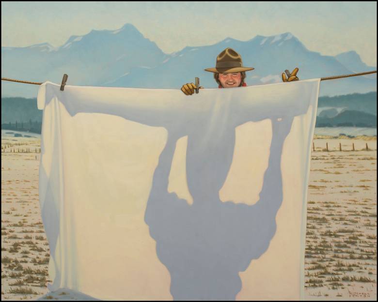 an image of a person hanging a white sheet on a line