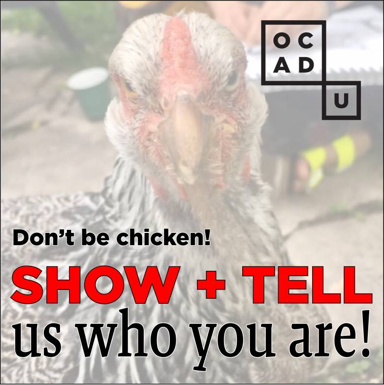 IMAGE GRAPHIC for student-led Show and Tell game, showing picture of a chicken, and caption saying "Don't be chicken!