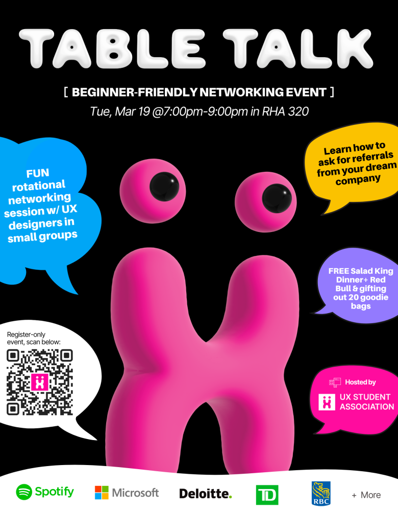 Student-designed graphic has a black background and a large pink X—the UX Student Association mascot—is characterized with eyes. Large text says "Table Talk Beginner-friendly Networking event, Tue, Mar 19, 7 to 9 pm, RHA 320. Other bright colourful talk bubbles feature text as found above.