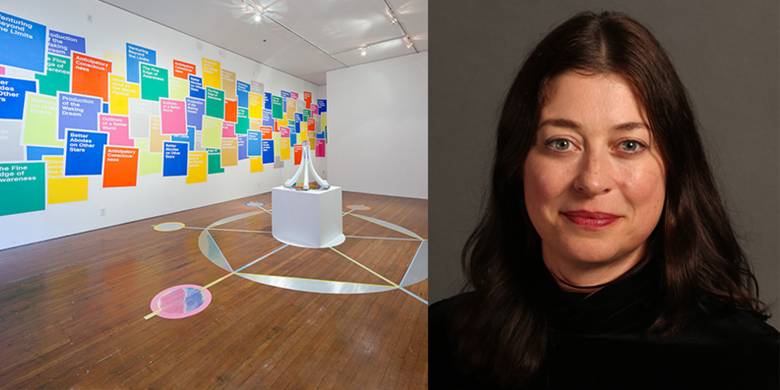 Left: image of work by Holly Ward featuring wall text. Right: Photo of Holly Ward