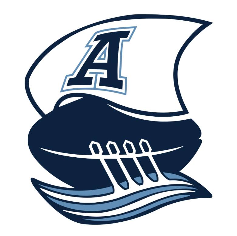 Image description: graphic features the Toronto Argonauts logo, a blue and white illustration with a football designed to look like a sailing ship with oars. The sail features a large capital A.