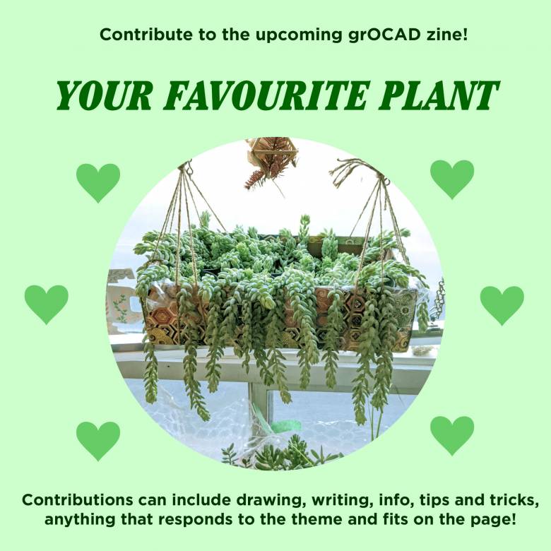 Photo of burro's tail cactus in center of decorative image with text: Contribute to the upcoming grOCAD zine! YOUR FAVOURITE PLANT