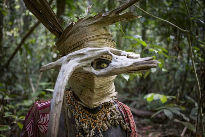A photo of a person in a forest wearing a mask made of natural materials.