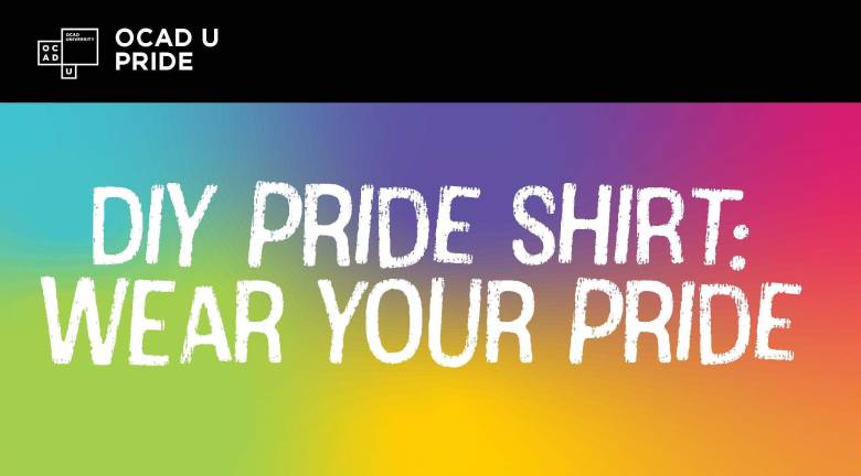 White text on rainbow background. Rough, blocky type reads: "DIY pride shirt: Wear your pride". 