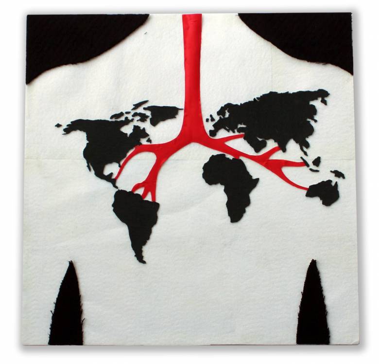  Photo of a person, with a map of world showing a red line to present COVID-19 infecting a person's lungs