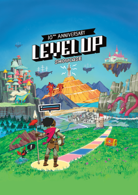  Level Up Showcase poster by Daniel Orellana features a video game-like aesthetic with a person standing at the beginning of a board game-like path on a grassy hill, leading to fantasy worlds including castles, volcanoes and more. A treasure chest and a talking creature are also on the hill, with more fantastical elements throughout. The poster reads “10th ANNIVERSARY LEVEL UP SHOWCASE”