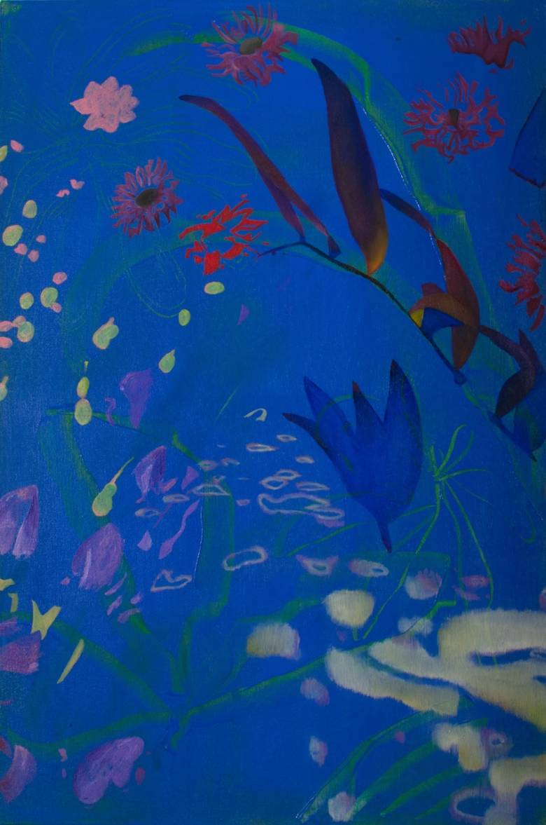 A painting with a blue background and images of flowers