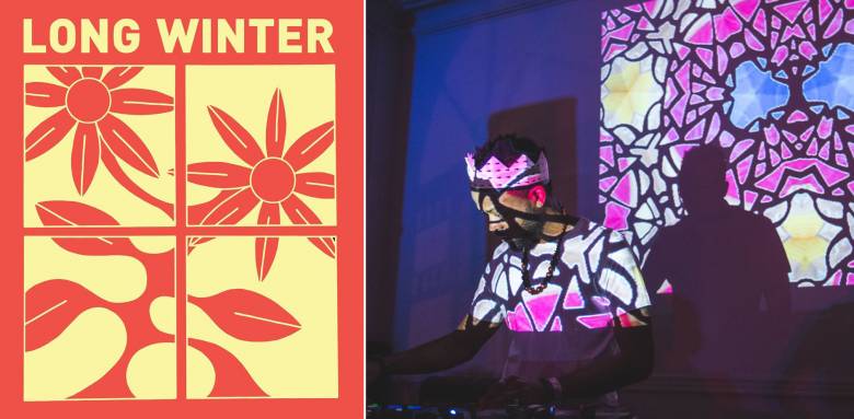left image in red and yellow of flower graphic with long winter name. Right, image of person djing with projections over face.