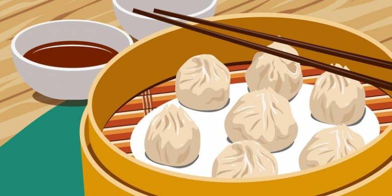 Vector illustration of Chinese steamed dumplings and chopsticks