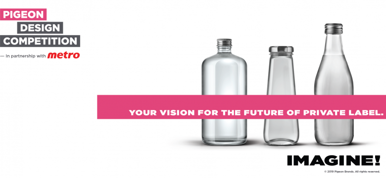 Pigeon brands design competition image with empty bottles on right side and pink header stating your vision for the future.