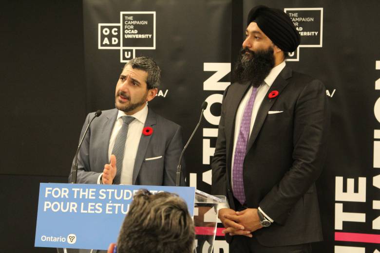 From left to right: Minister Ross Romano and Minister Prabmeet Singh Sarkaria at OCAD University